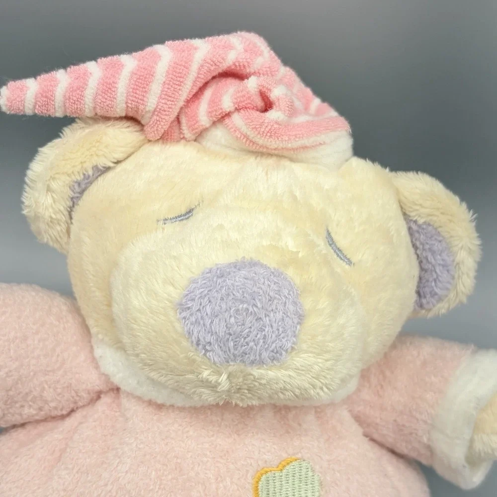 Soft Classic Pastel Teddy Bear w/Night Cap Plush Stuffed Baby Rattle Lovey 9.5